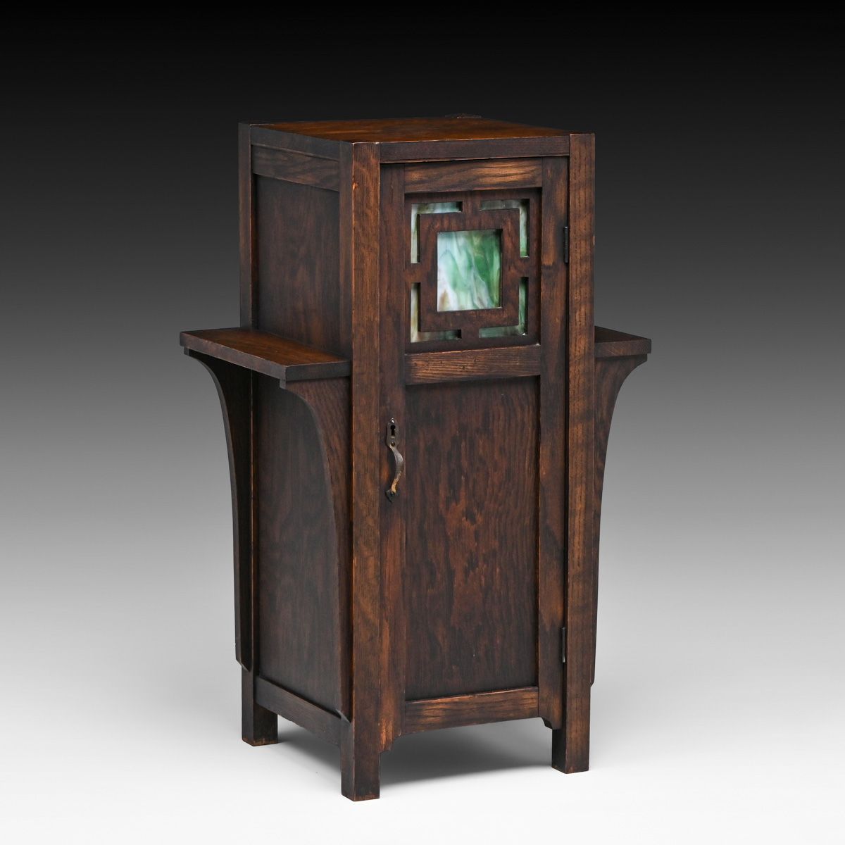 Grand Rapids Oak & Green Slag Glass One-Door Cellarette c1910