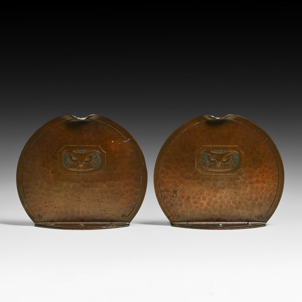 Roycroft Hammered Copper Owl Bookends c1920s