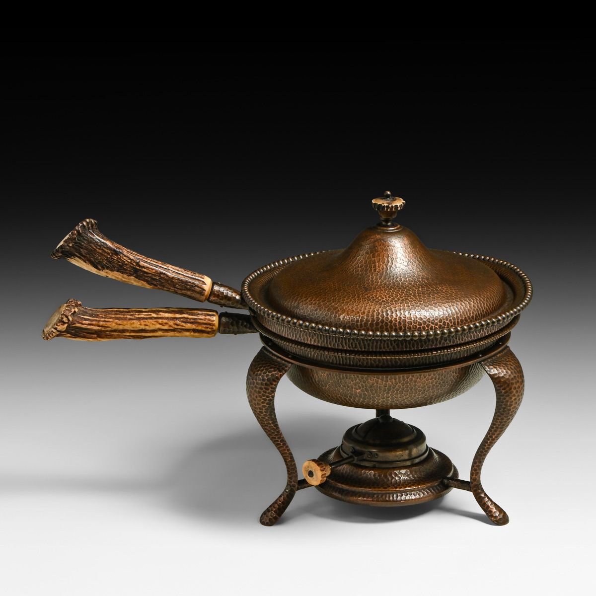 S. Sternau & Co. Early Arts & Crafts Hammered Copper & Stag Antler Chafing Dish Set c1900