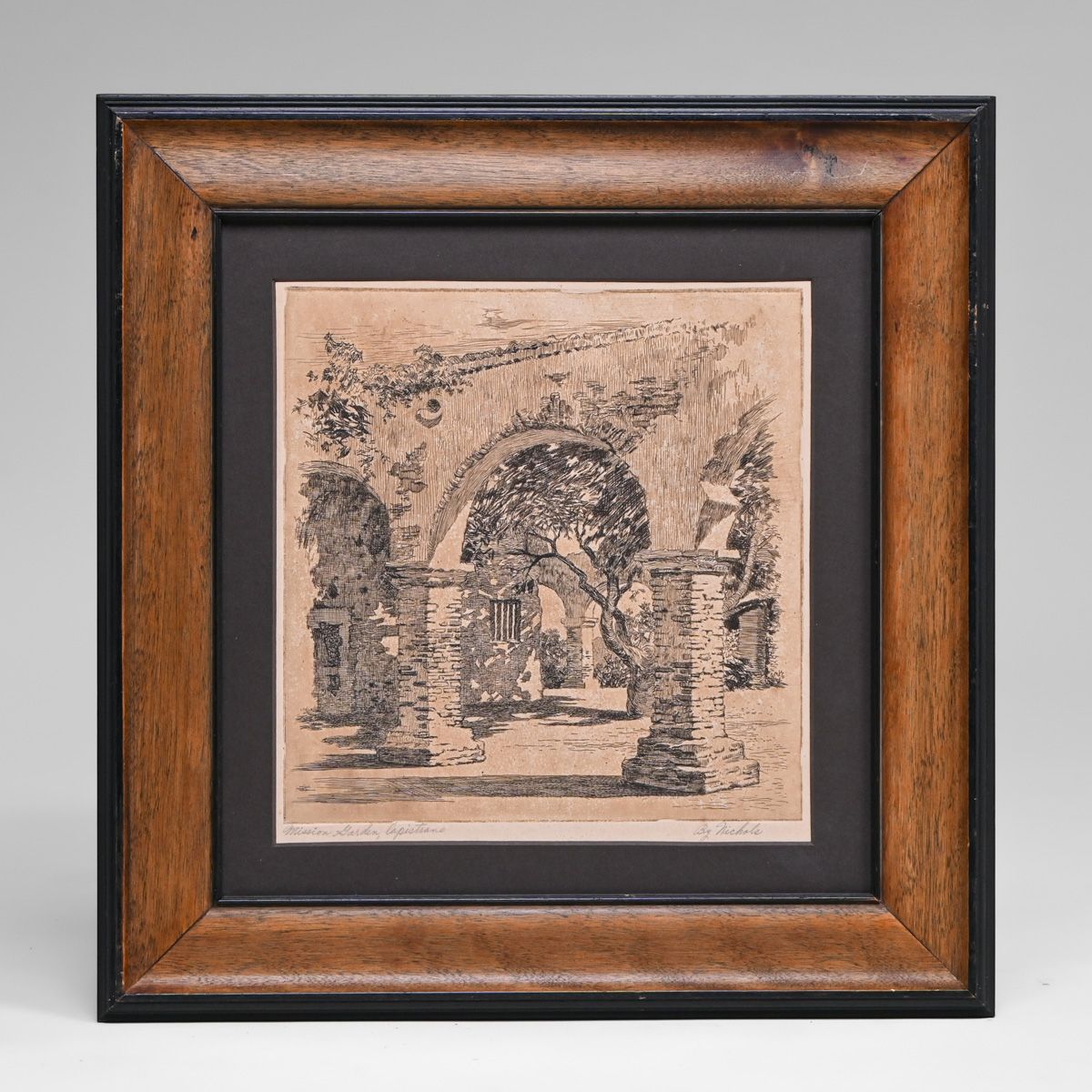 Harley DeWitt Nichols (1859-1939) Original Drypoint Etching "Mission Garden, Capistrano" c1920s