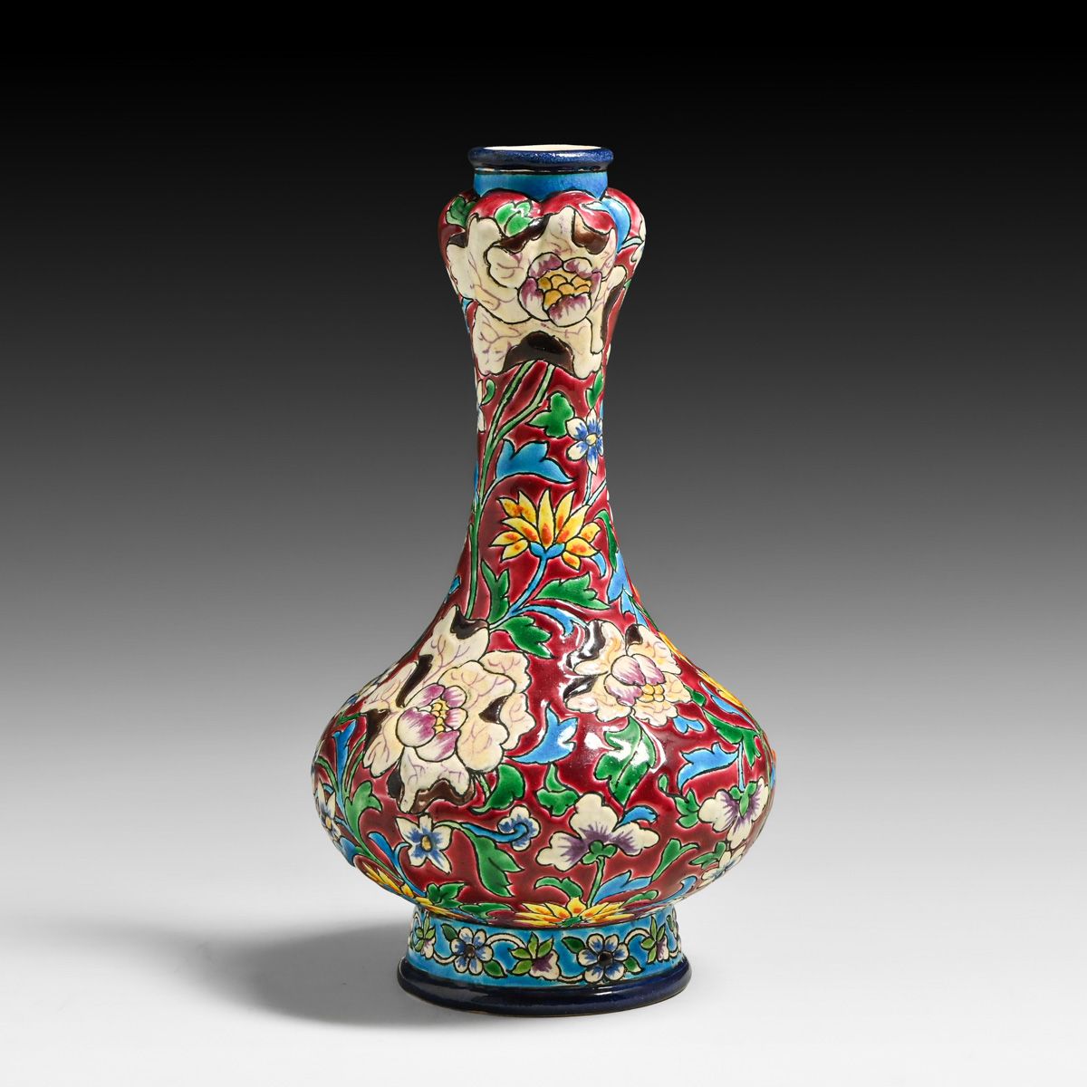 Longwy Emaux French Cloisonné-Style Glazed Enamel Bottle Vase c1900