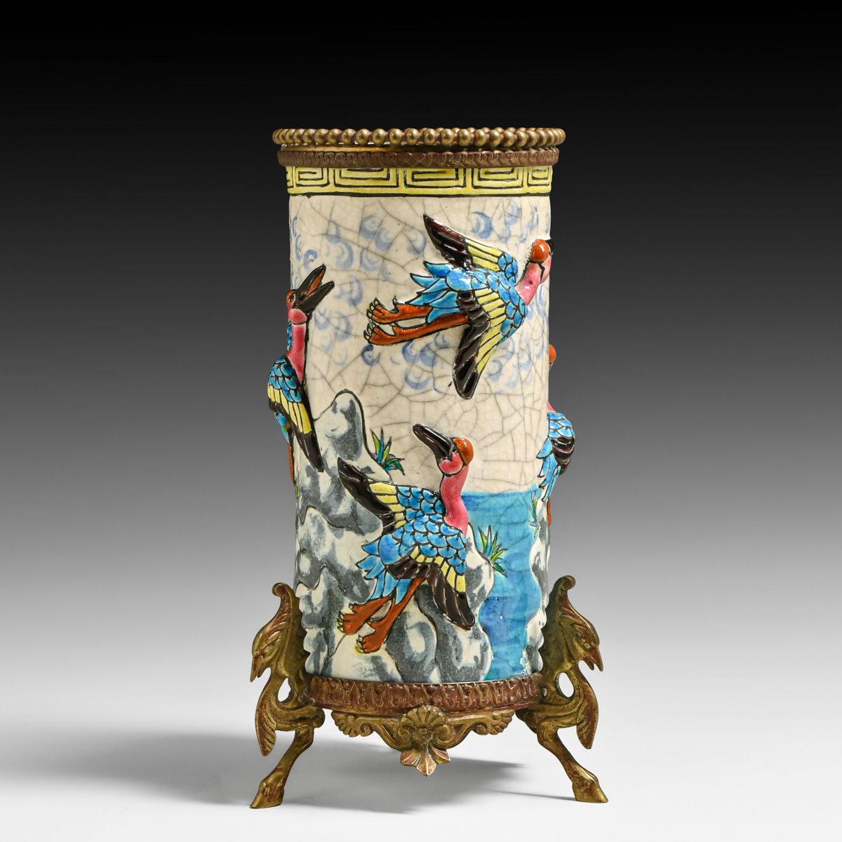 Longwy - French Aesthetic Movement Chinoiserie Enameled & Bronze Mounted Cylinder Vase c1890s