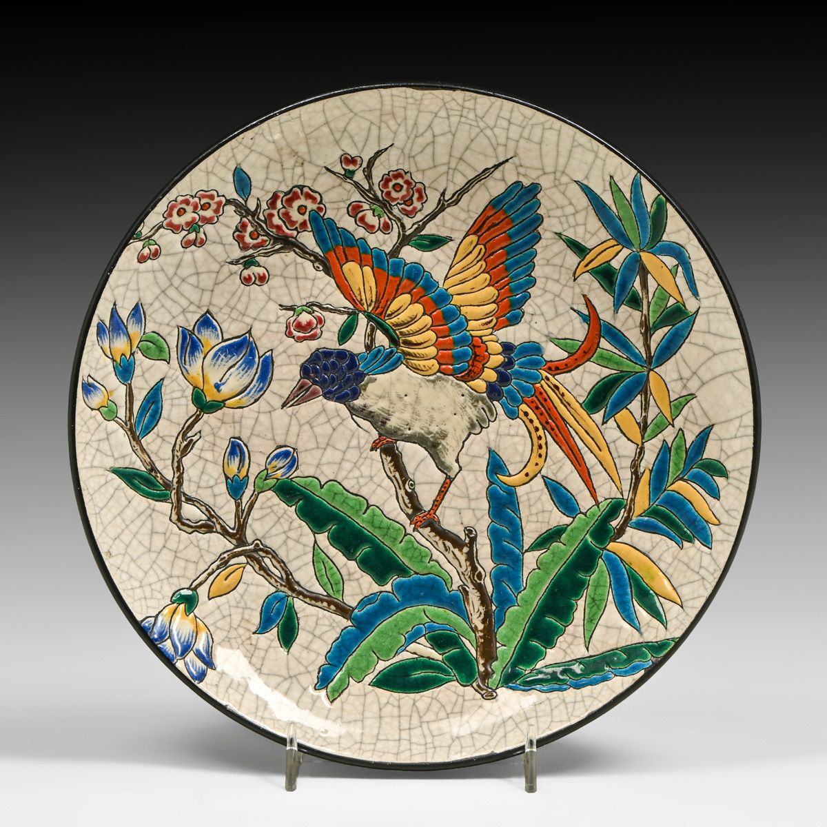Longwy Faience French Enamel "Bird of Paradise" Charger c1880s
