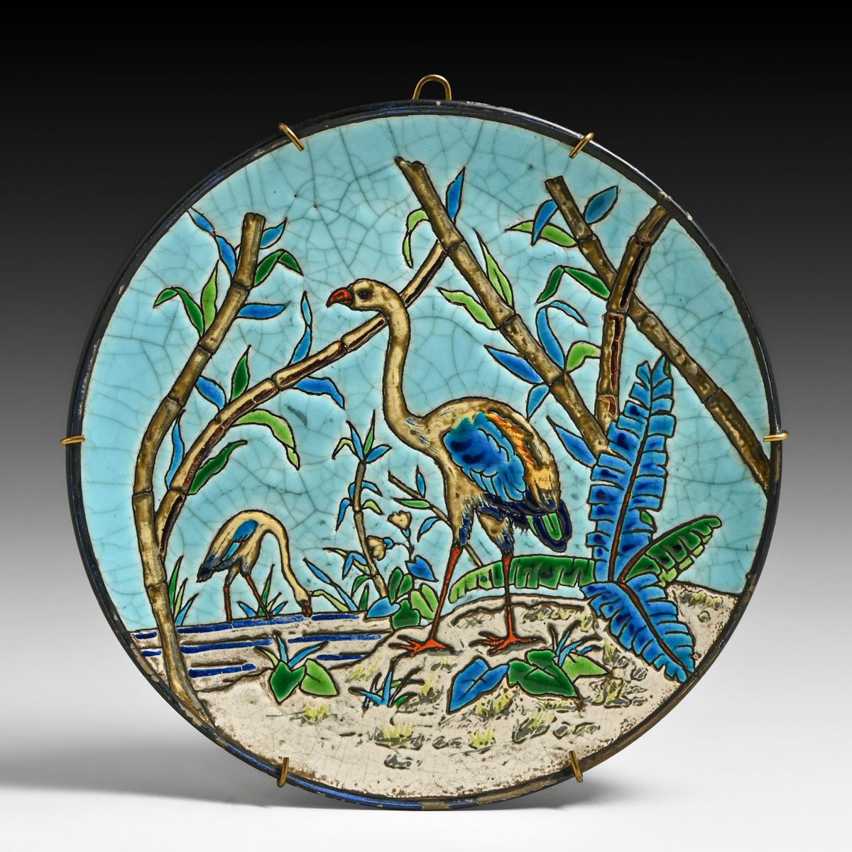 Longwy Faience French Enamel "Storks & Bamboo" Charger c1880s