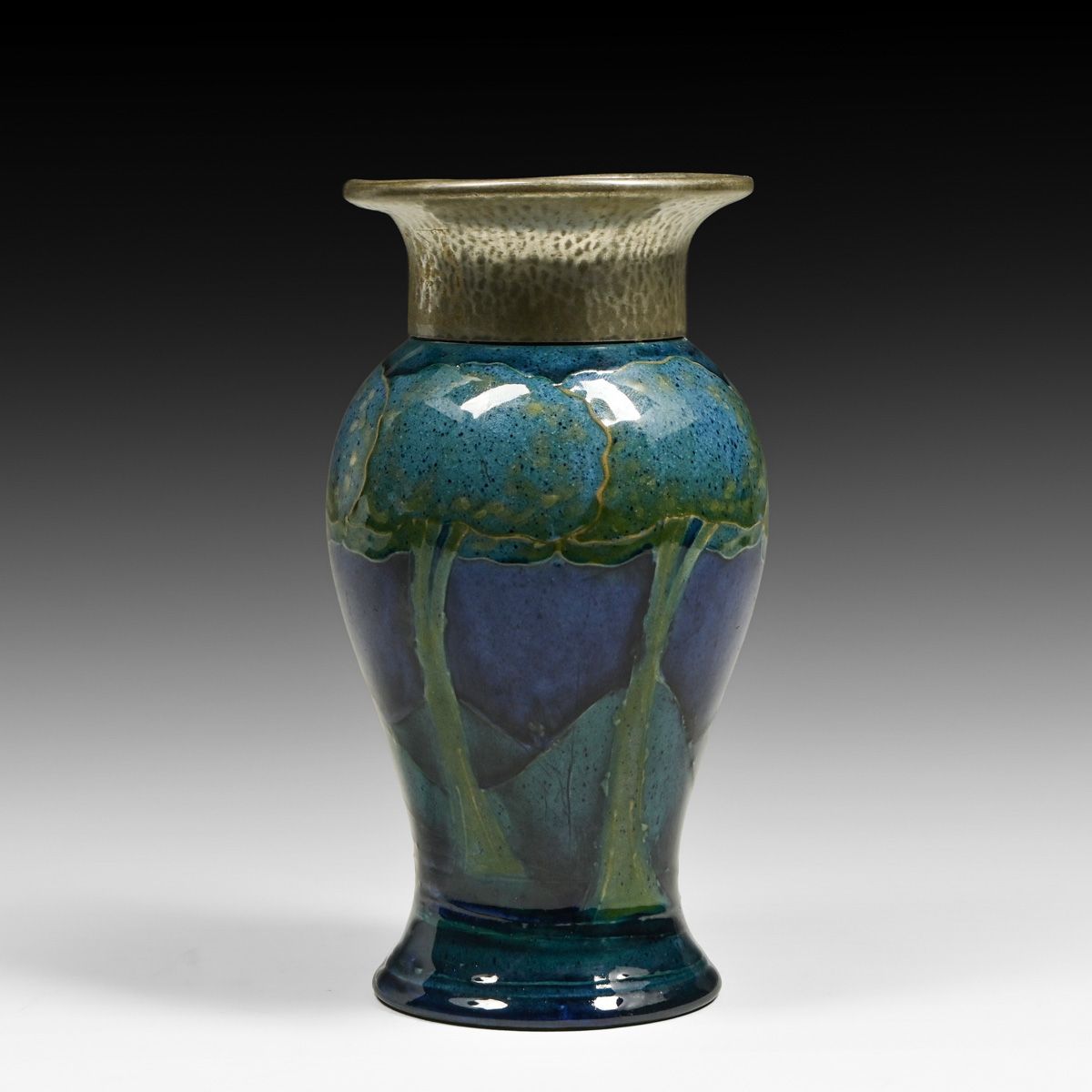 Moorcroft Pottery "Hazledene" Hammered Pewter Mounted Landscape Vase c1910s