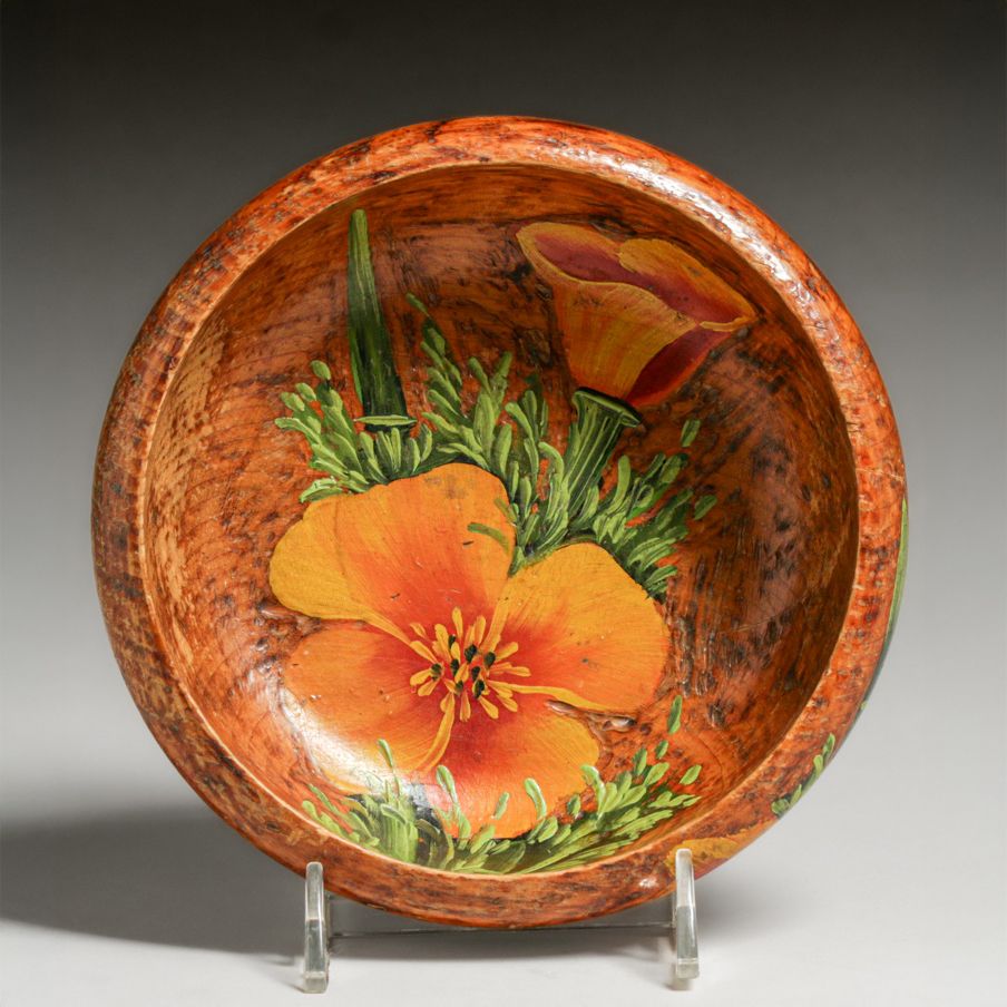 California Arts & Crafts Hand-Carved & Painted Poppy Bowl c1910