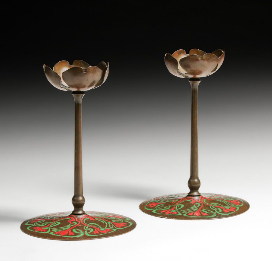 Pair Art Crafts Shop – Buffalo, NY Enamel Candlesticks c1905