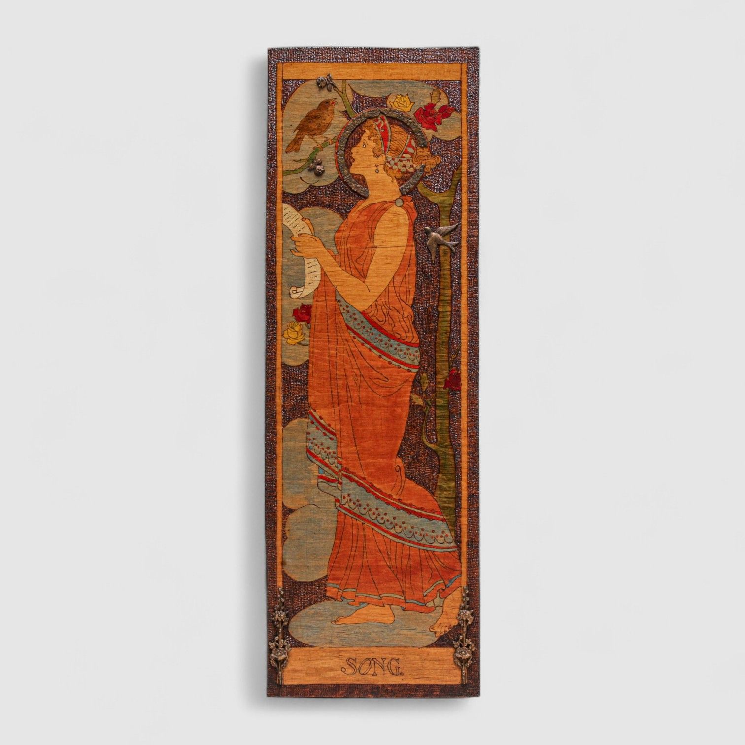 Art Nouveau Alphonse Mucha Inspired Pyrography Panel "Song" c1900