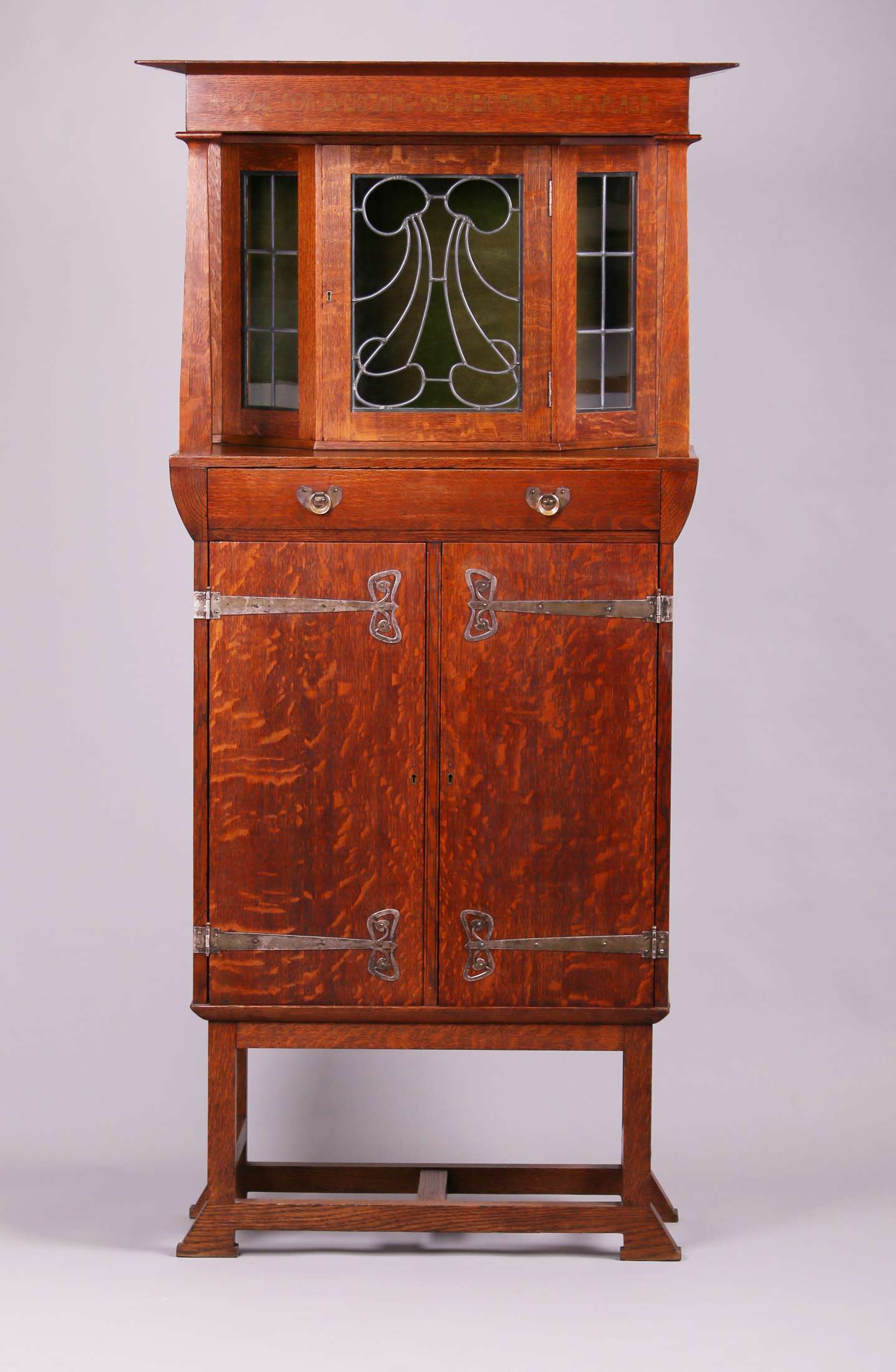 English Arts Crafts Cabinet With Strap Hinges And Leaded Glass