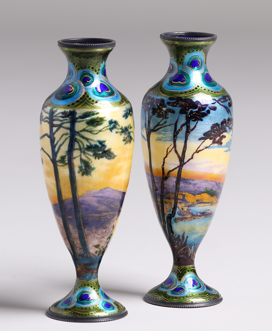 Pair Austrian Enamel Vases C1910 California Historical Design