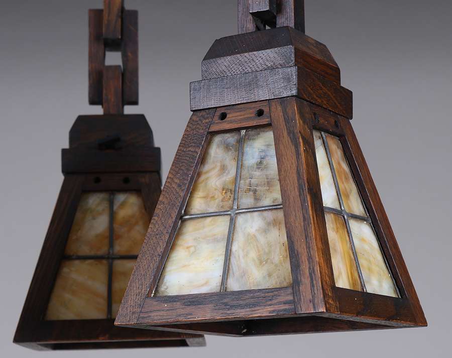 California Historical Design | W.B. Brown 3-Light Hanging Oak &amp; Slag