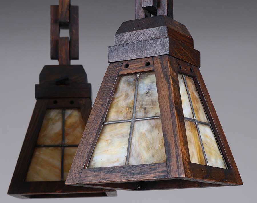 California Historical Design | W.B. Brown 3-Light Hanging Oak &amp; Slag