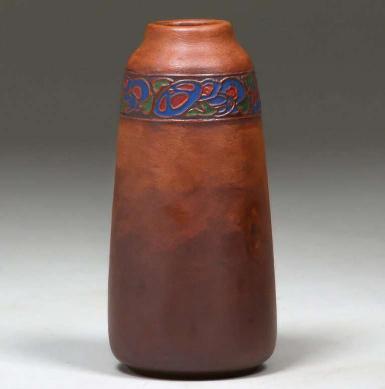 California Faience Matte Brown Cuenca Decorated Vase c1922 California