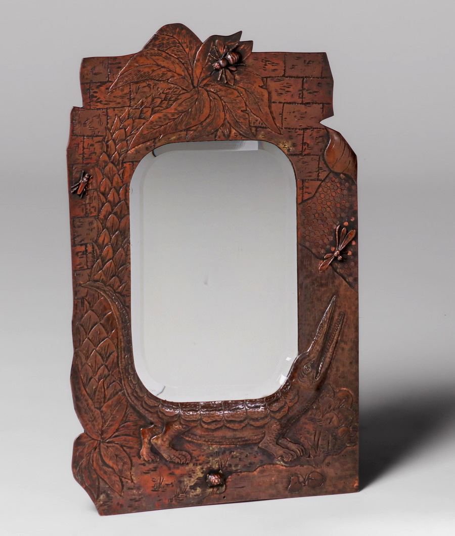 Carved Oak and Patinated Bronze Arts & Crafts Style Mirror Carved Oak and Patinated Bronze Arts & Crafts Style Mirror