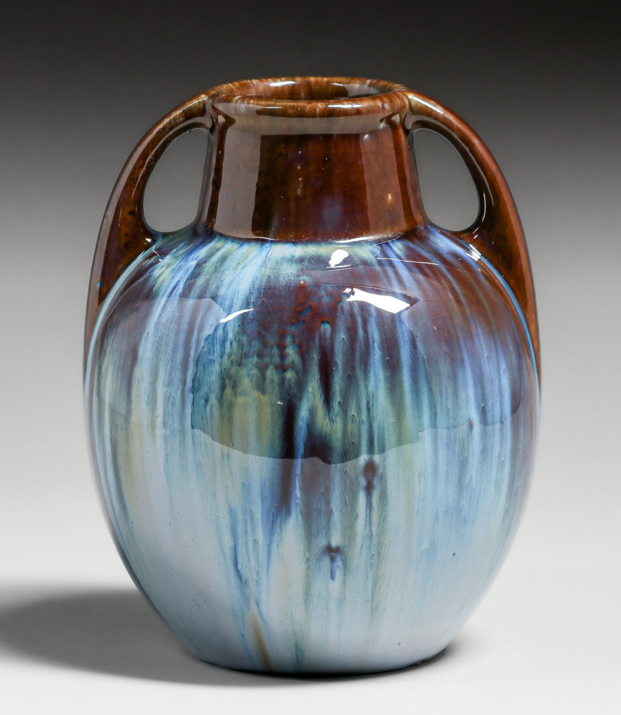 Large Fulper Pottery Vase of Chinese Blue over Yellow Flambe Glaze