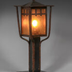 Gustav Stickley Hammered Copper & Amber Glass Newell Post Lamp c1910