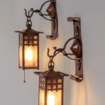 Gustav Stickley Pair Hammered Copper & Amber Glass Lanterns c1905