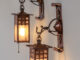 Gustav Stickley Pair Hammered Copper & Amber Glass Lanterns c1905
