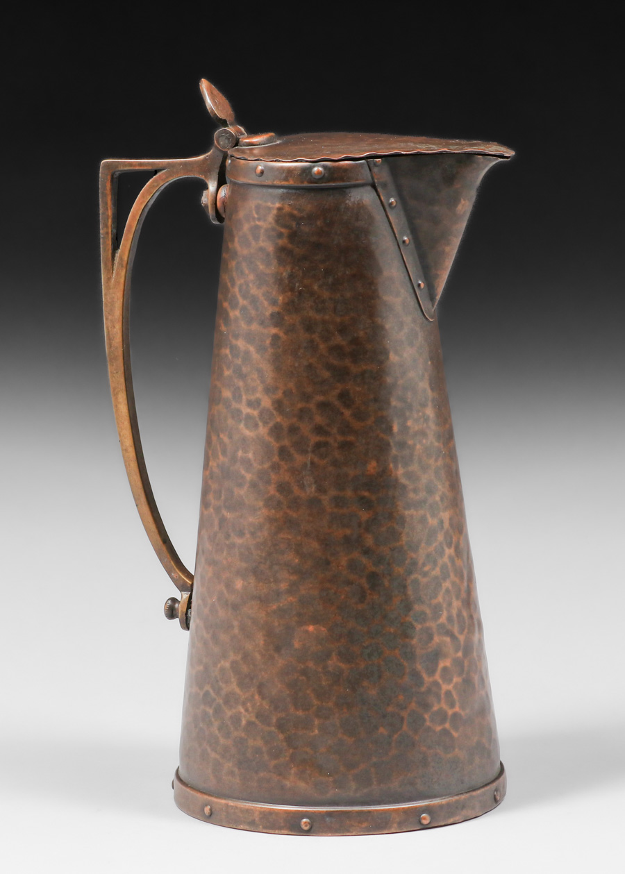 English Arts & Crafts Hammered Copper & Brass Pitcher c1905